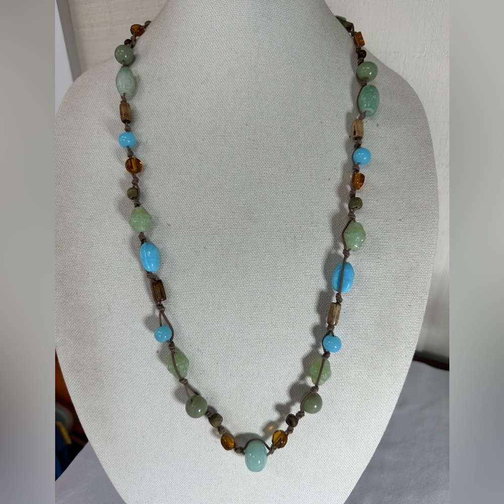 Boho cord necklace with sea glass vibes of blue and green beads